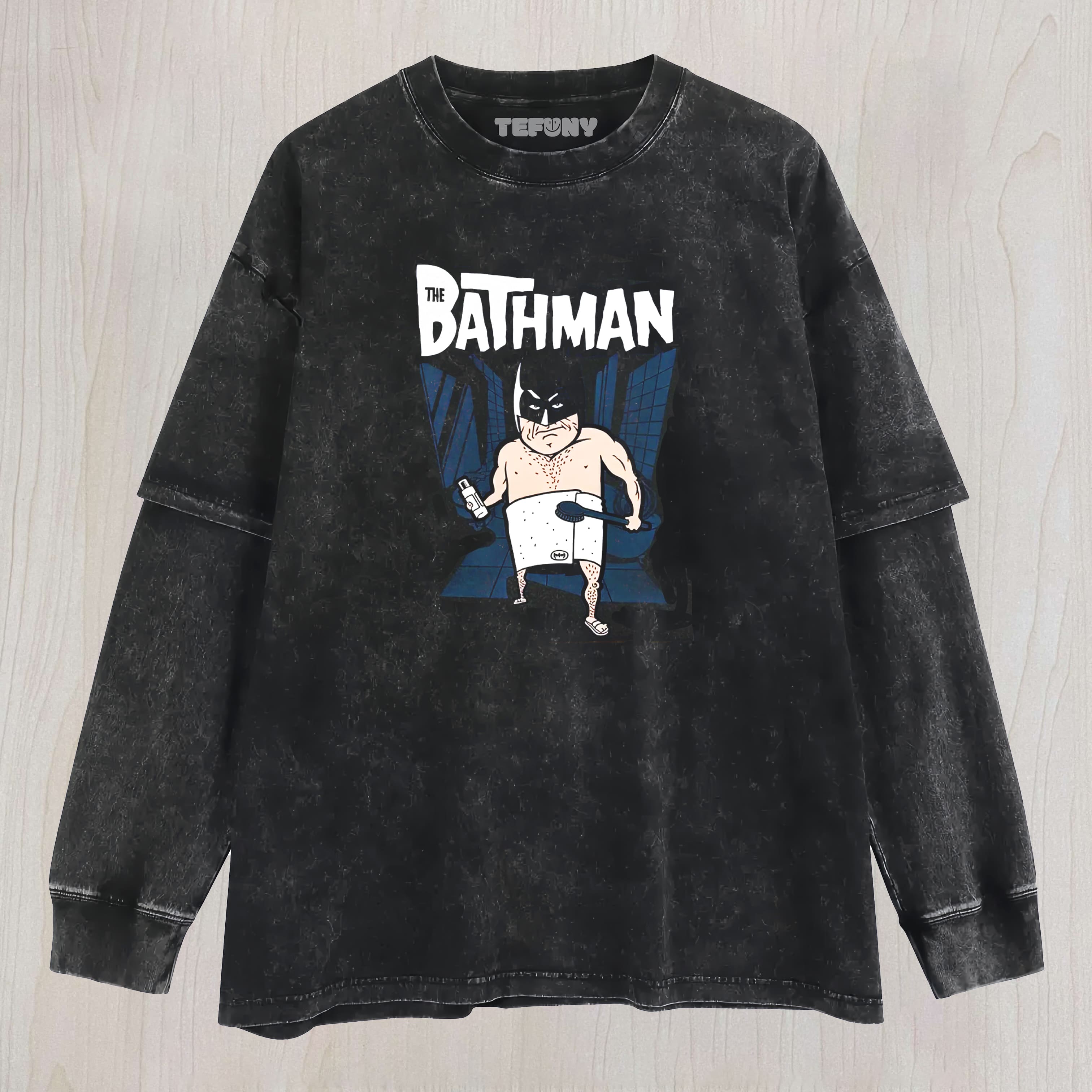 THE BATHMAN SUPERHERO PARODY VINTAGE WASHED LAYERED LONG SLEEVE