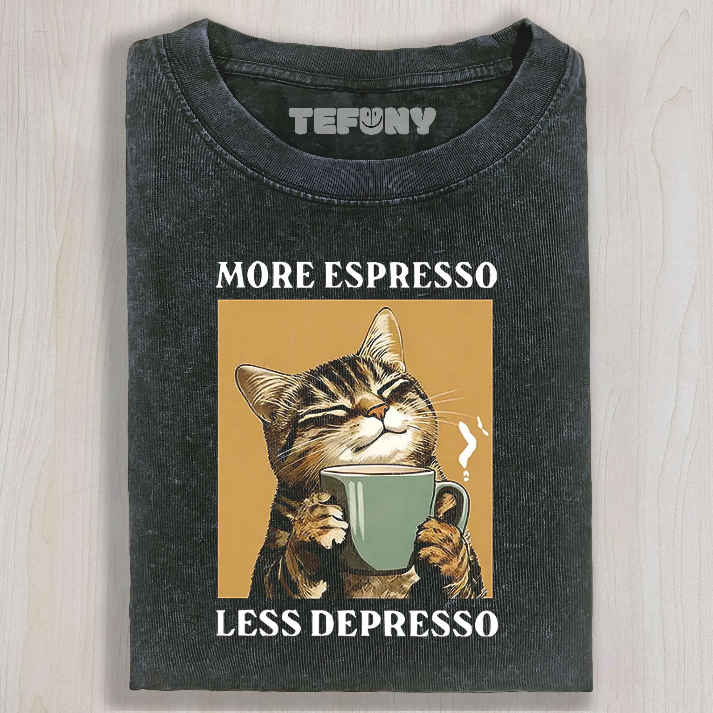 TOKYOCANVAS CUTE CAT DRINKING COFFEE WASHED T-SHIRT