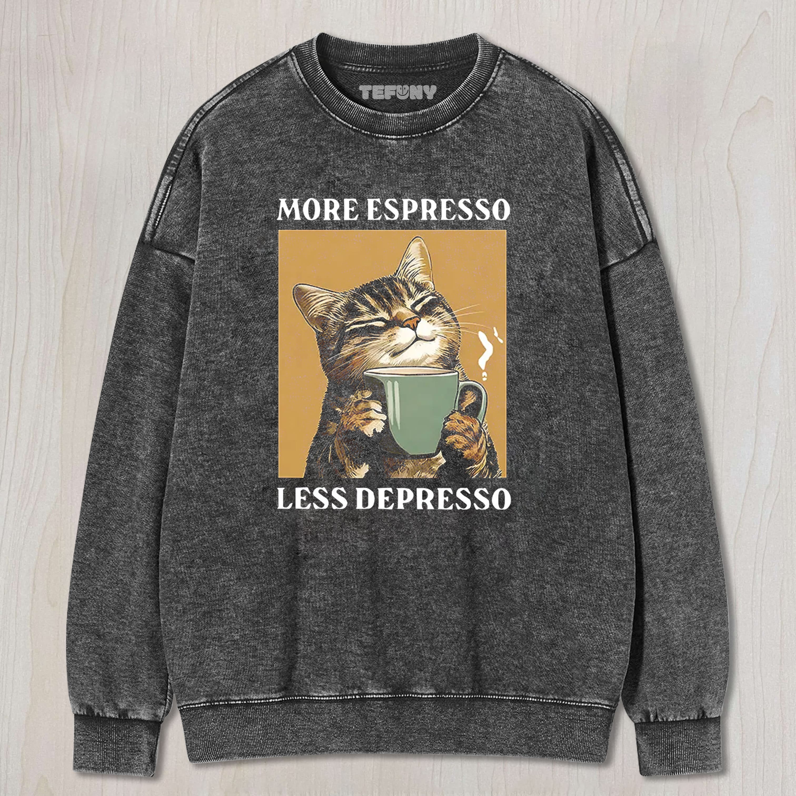 TOKYOCANVAS CUTE CAT DRINKING COFFEE WASHED T-SHIRT