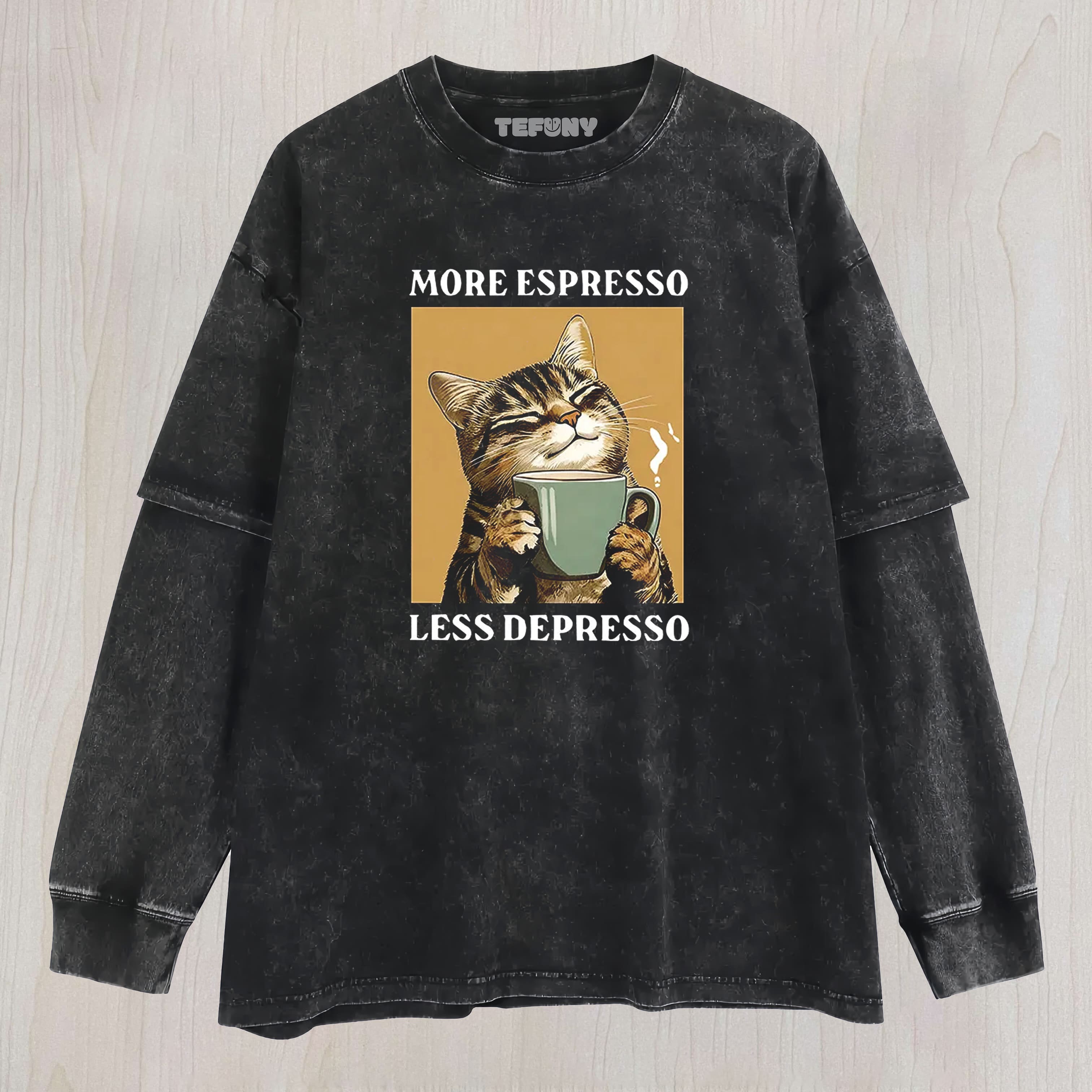 TOKYOCANVAS CUTE CAT DRINKING COFFEE WASHED  LAYERED LONG SLEEVE