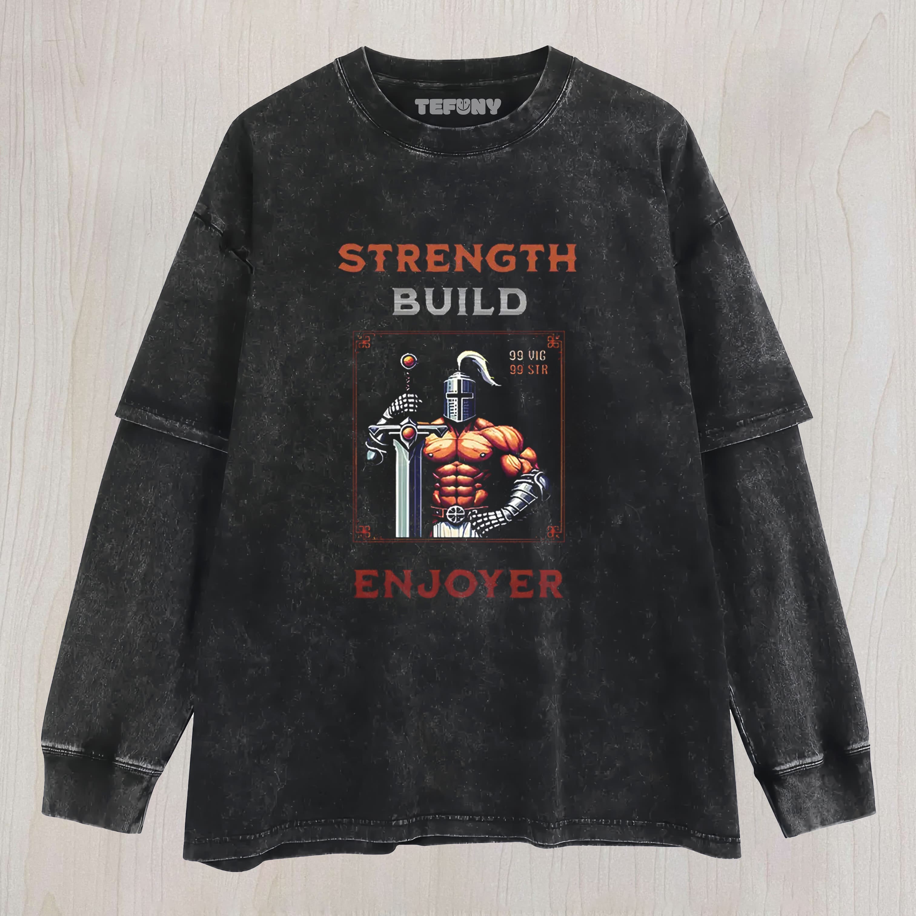 TOKYOCANVAS STRENGTH BUILD ENJOYER DANK SOULS MEME WASHED LAYERED LONG SLEEVE