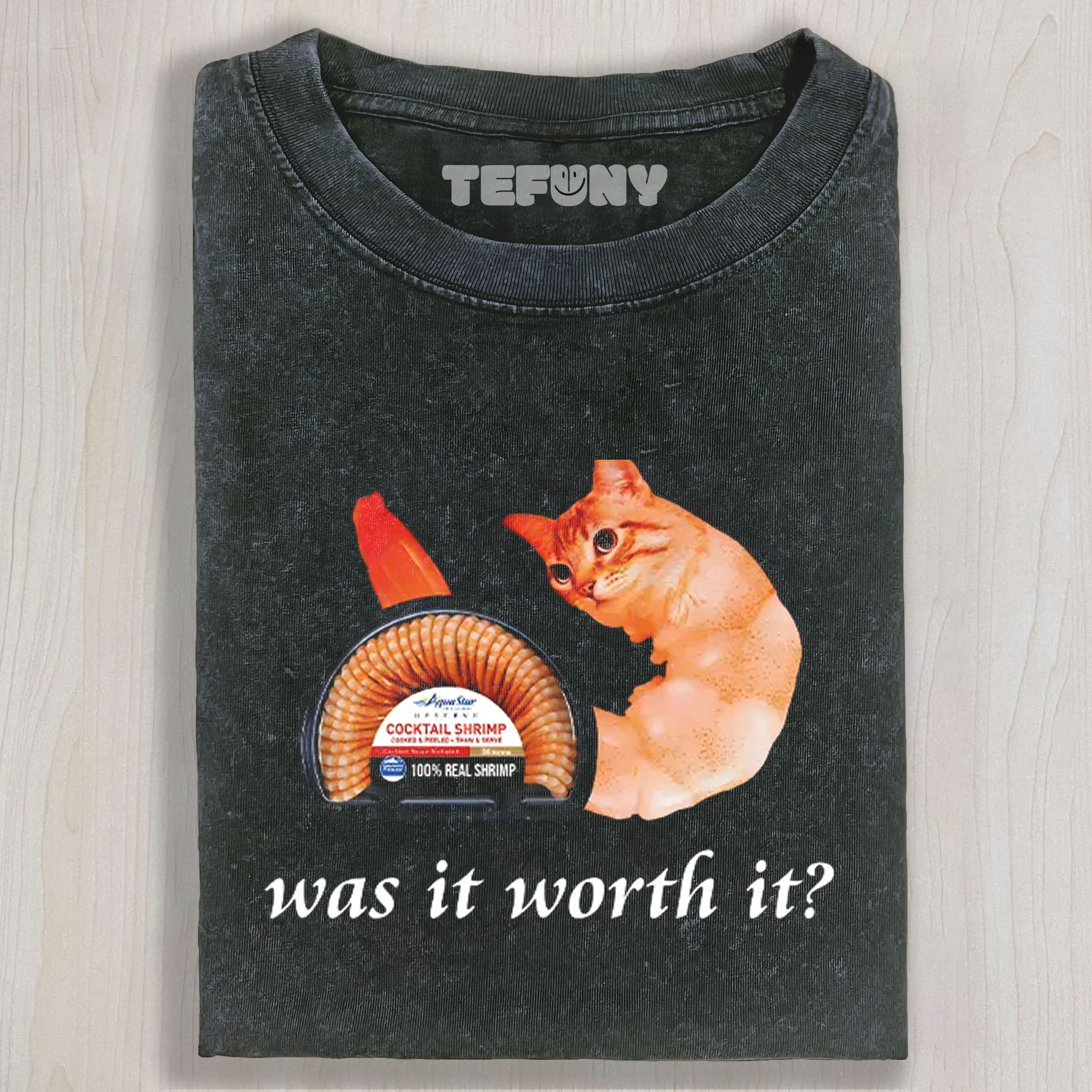 TOKYOCANVAS WAS IT WORTH IT SHRIMP CAT WASHED T-SHIRT