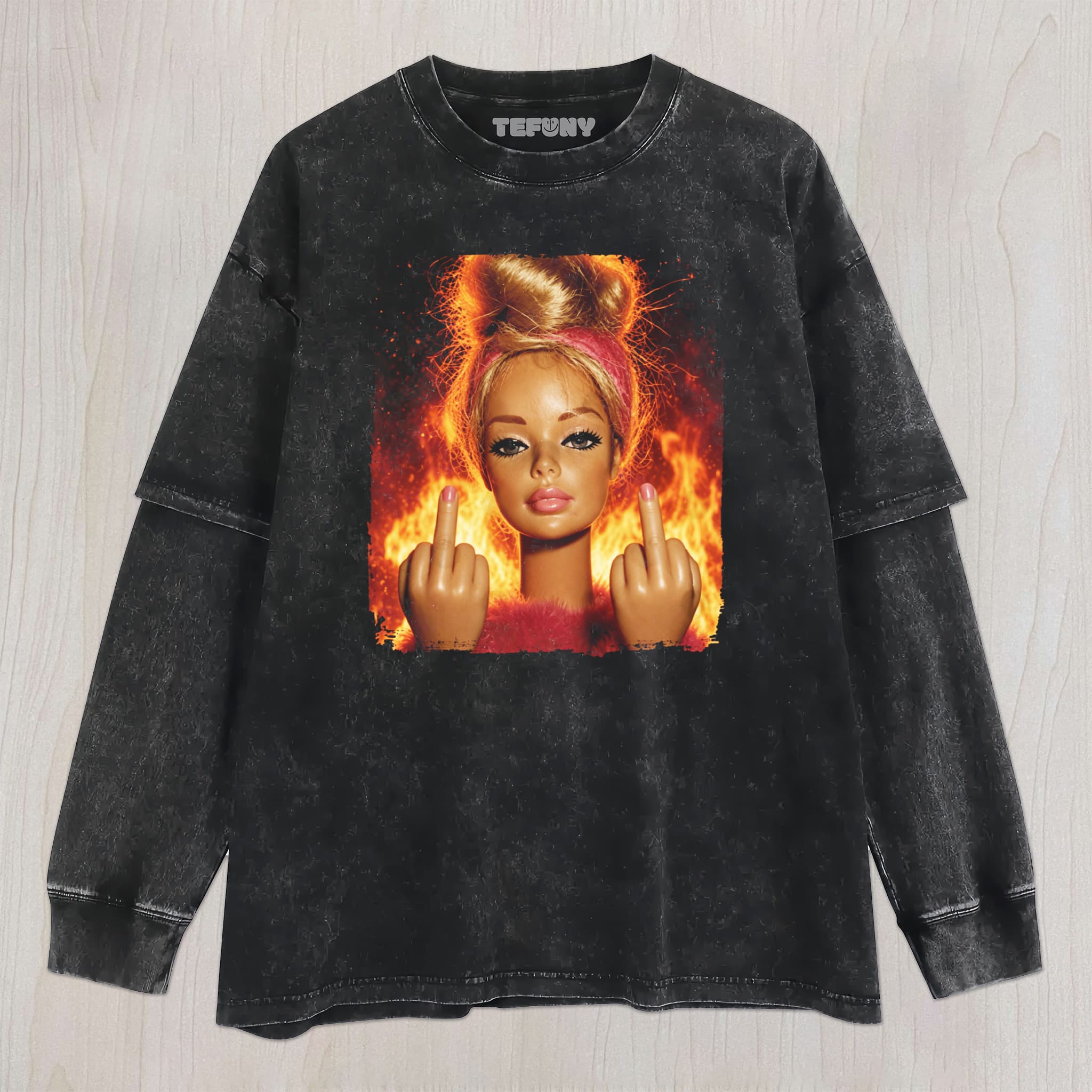 VINTAGE DOLL MIDDLE FINGER UNISEX TEE, TANK TOP, LAYERED LS, SWEATSHIRT & HOODIE