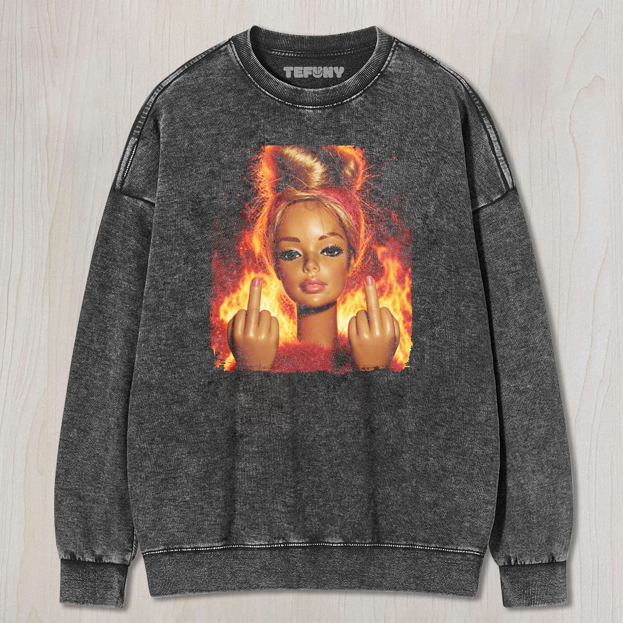 VINTAGE DOLL MIDDLE FINGER UNISEX TEE, TANK TOP, LAYERED LS, SWEATSHIRT & HOODIE