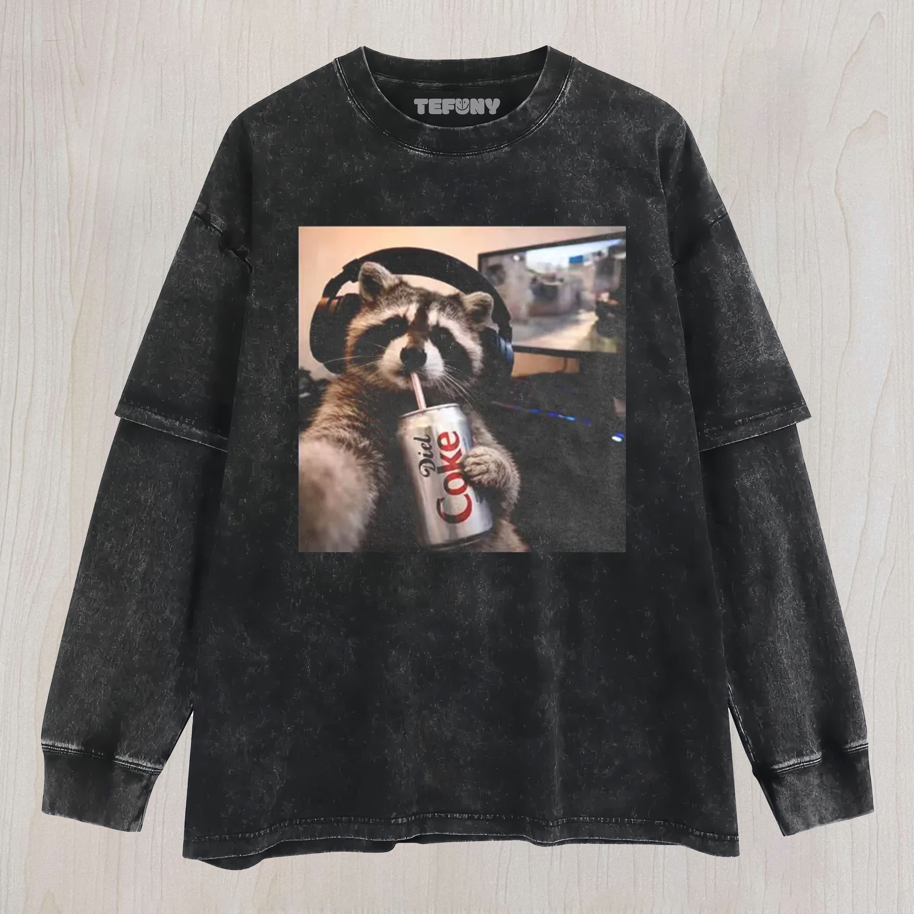 VINTAGE RACCOON DIET COKE UNISEX TEE, TANK TOP, LAYERED LS, SWEATSHIRT & HOODIE
