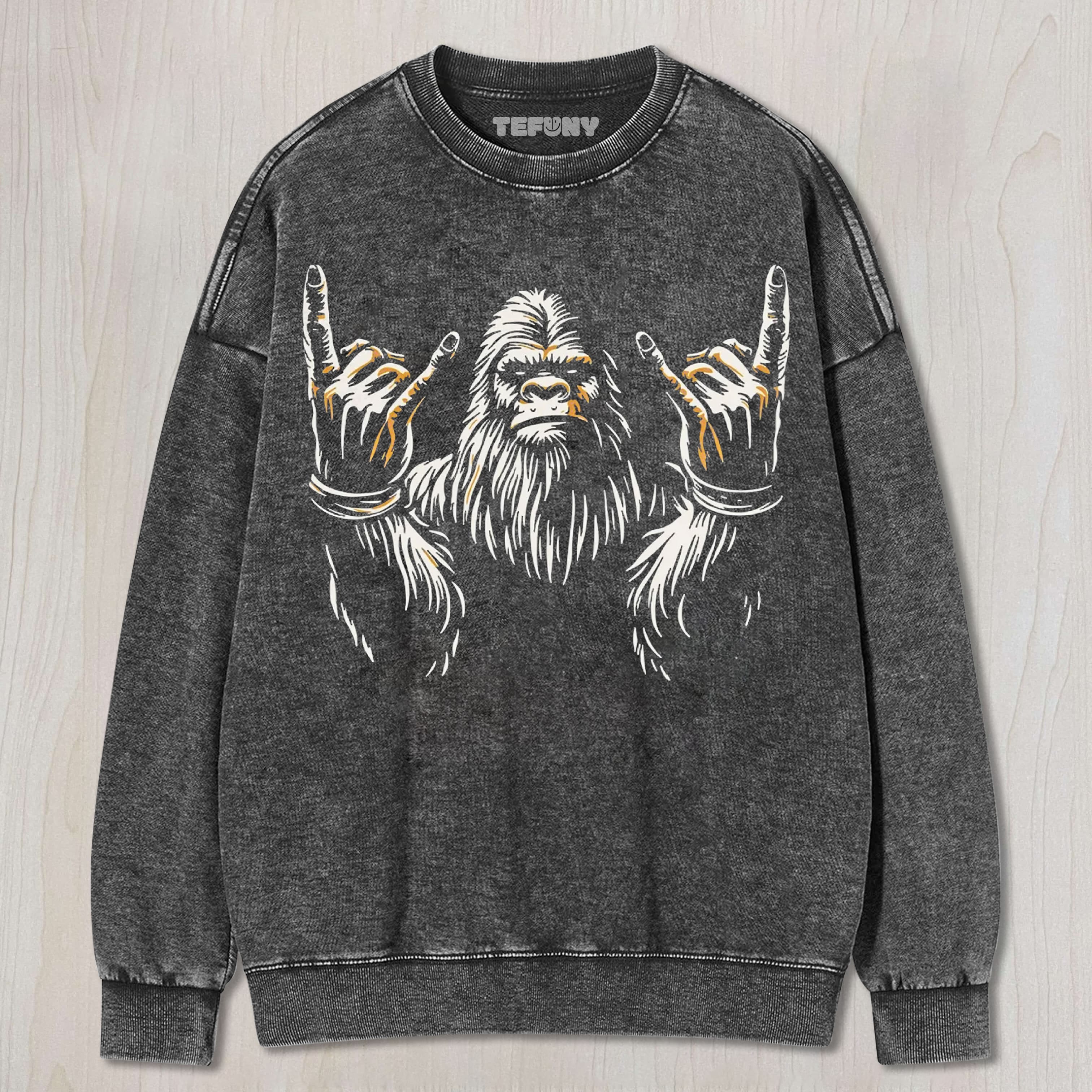 VINTAGE BIGFOOT FUNNY ROCKER WASHED UNISEX TEE, TANK TOP, LAYERED LS, SWEATSHIRT & HOODIE