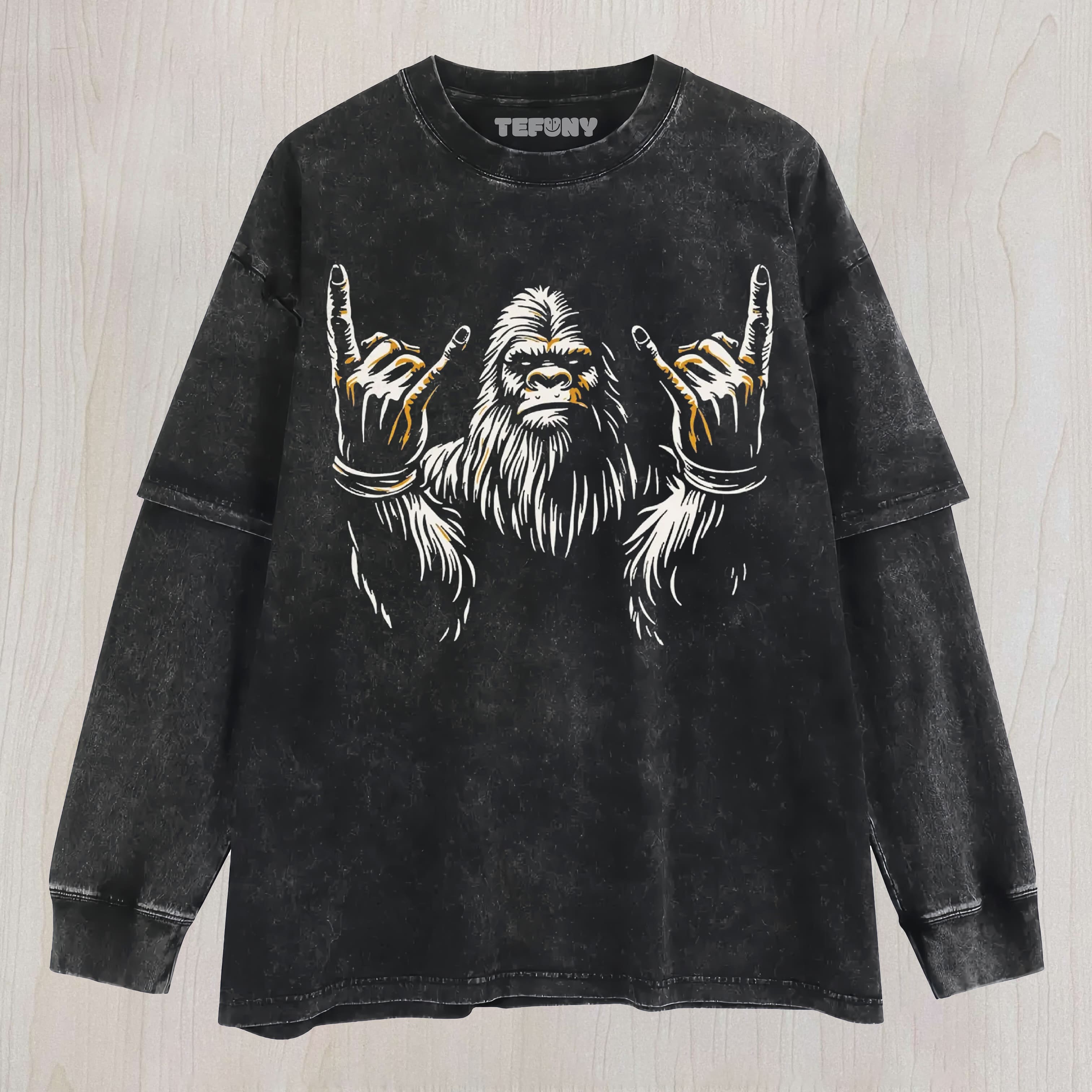 VINTAGE BIGFOOT FUNNY ROCKER WASHED UNISEX TEE, TANK TOP, LAYERED LS, SWEATSHIRT & HOODIE