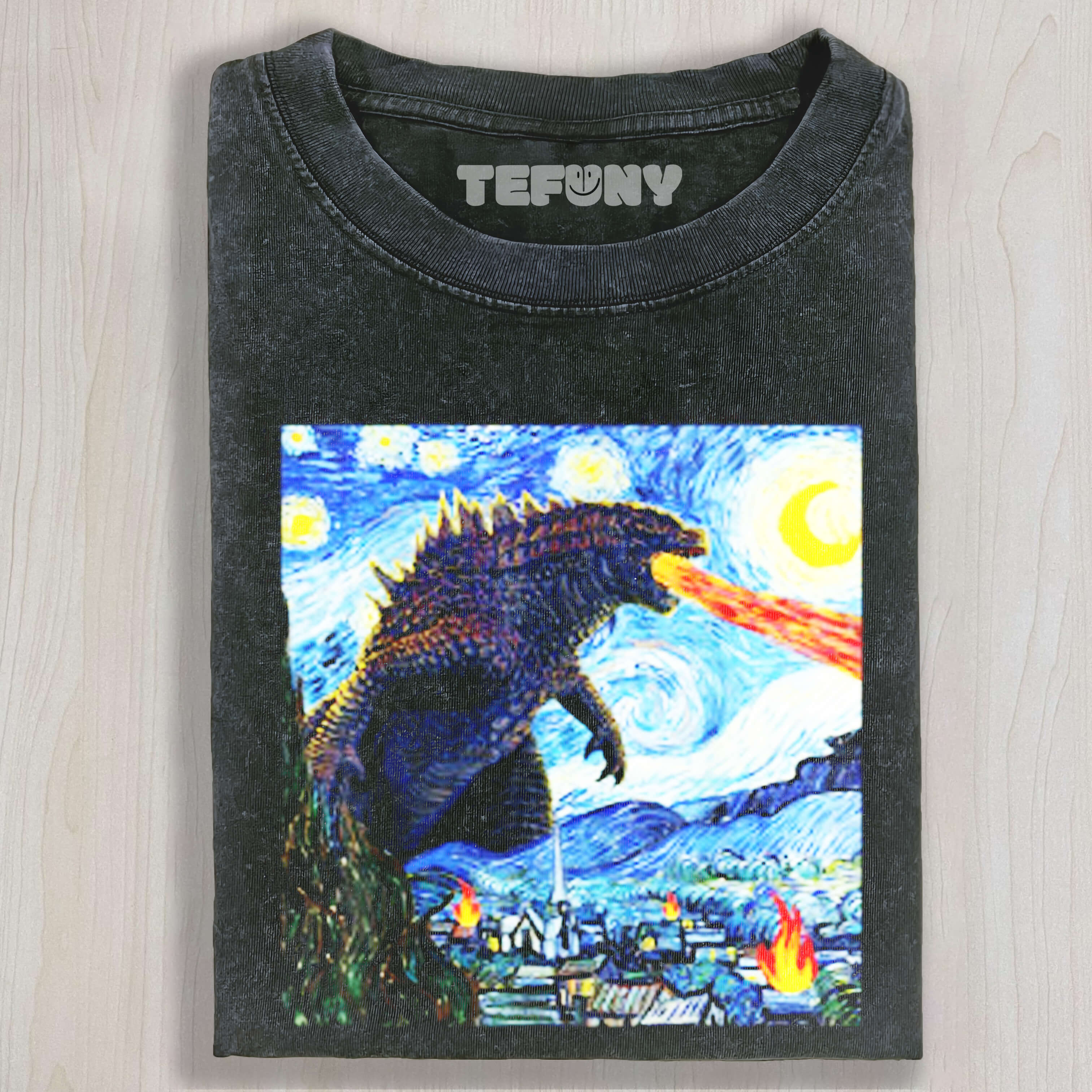 VINTAGE JAPANESE MONSTER KAIJU IN VAN GOGH STARRY NIGHT GOZILA TEE & SWEAT & HOOD