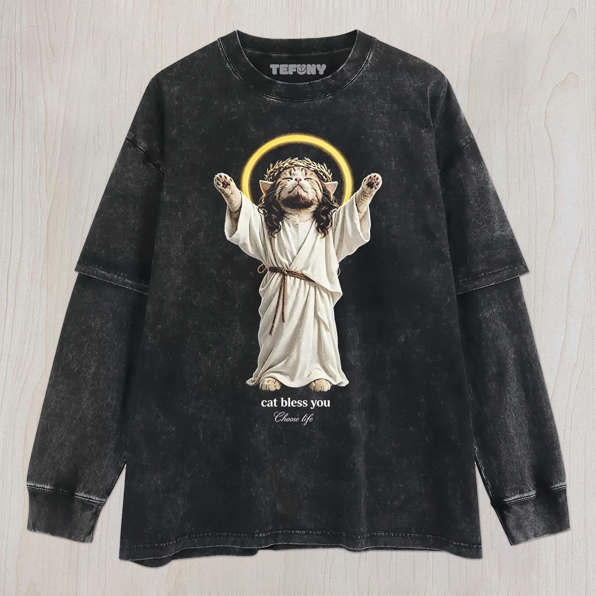 WACKY CAT FAITH FUNNY MEME V5 UNISEX TEE, TANK TOP, LAYERED LS, SWEATSHIRT & HOODIE
