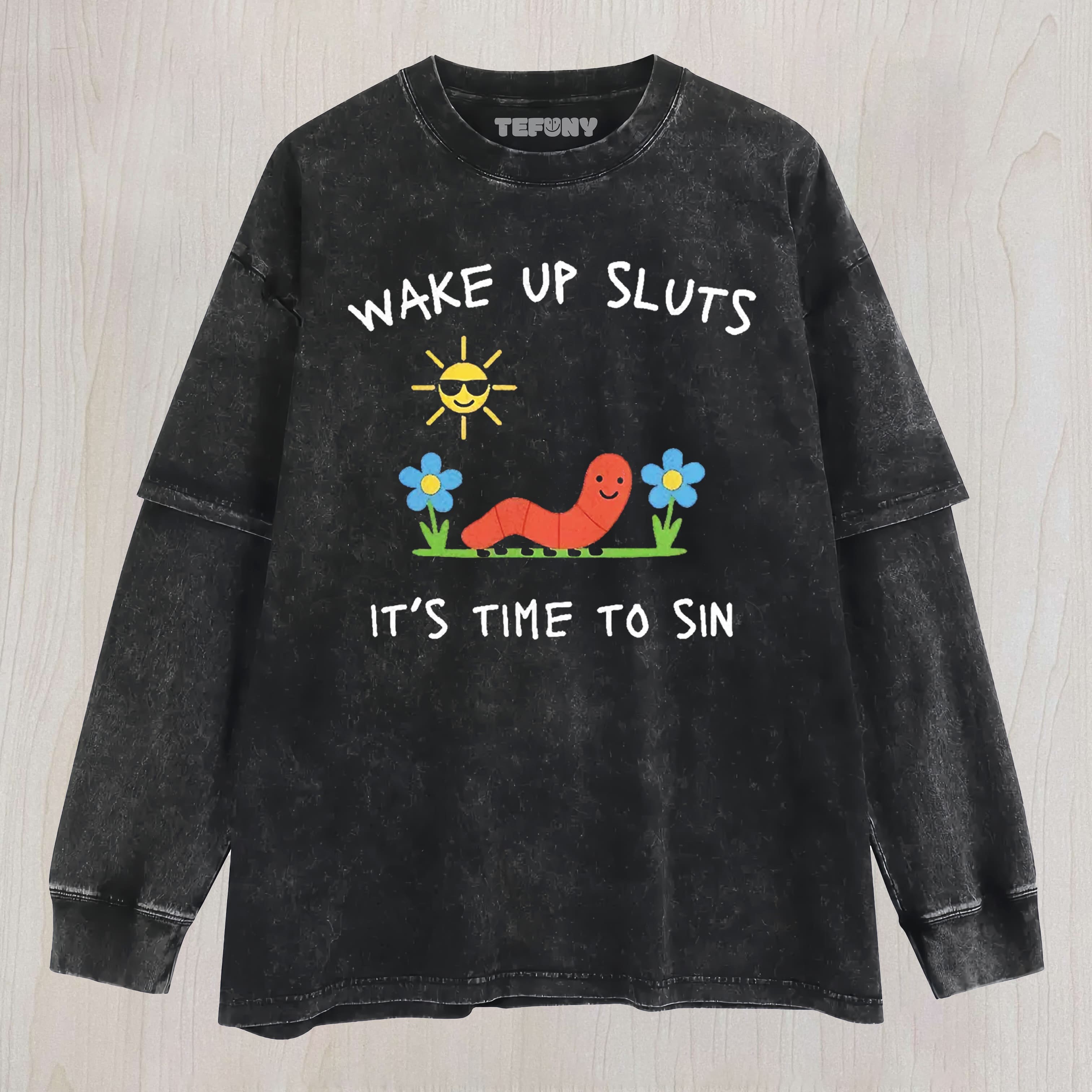 WAKE UP CUTE CHILDREN'S DRAWINGS LAYERED LONG SLEEVE