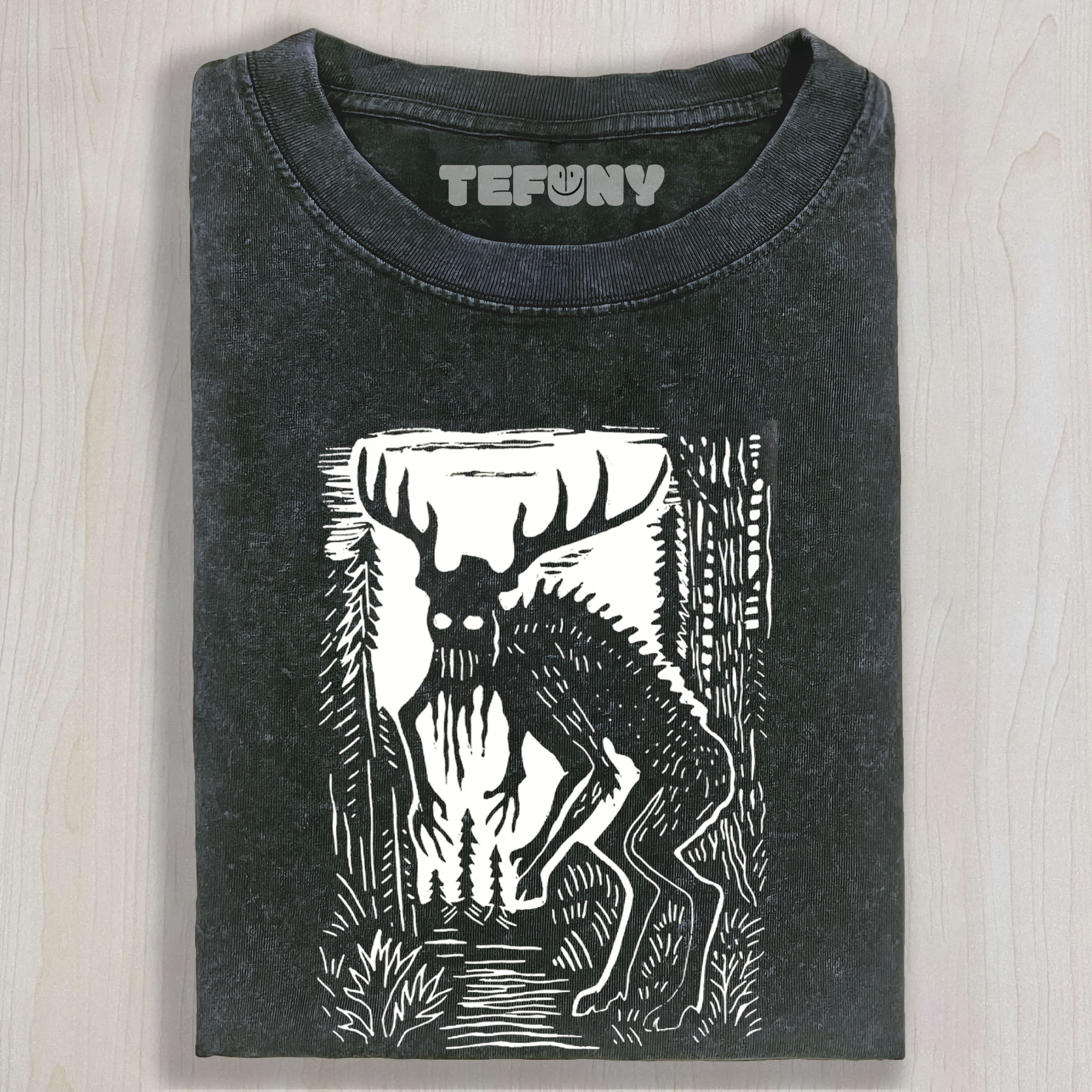WENDIGO FOREST CRYPTID LINOCUT GRAPHIC VINTAGE WASHED UNISEX TEE, TANK TOP, LAYERED LS, SWEATSHIRT & HOODIE