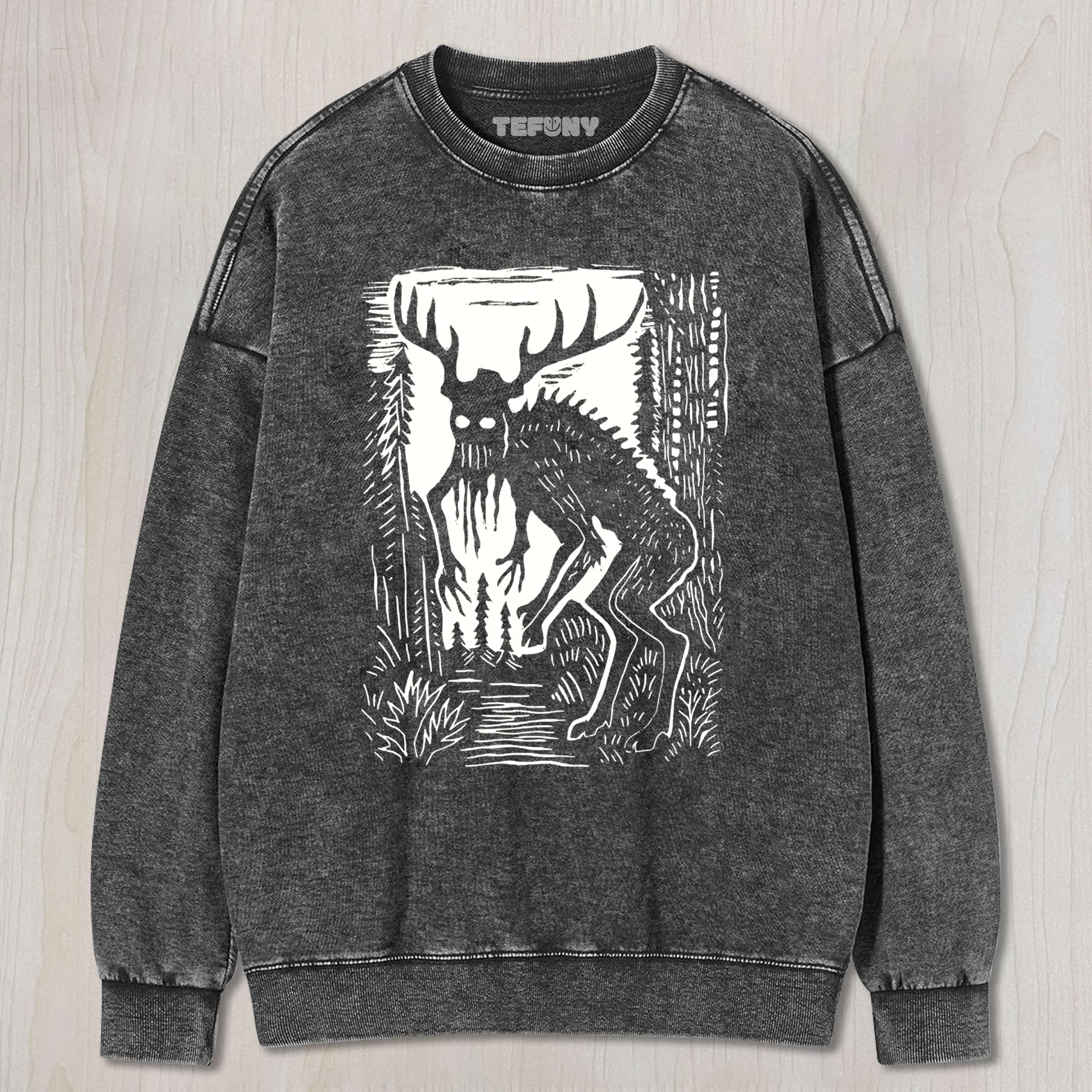 WENDIGO FOREST CRYPTID LINOCUT GRAPHIC VINTAGE WASHED UNISEX TEE, TANK TOP, LAYERED LS, SWEATSHIRT & HOODIE