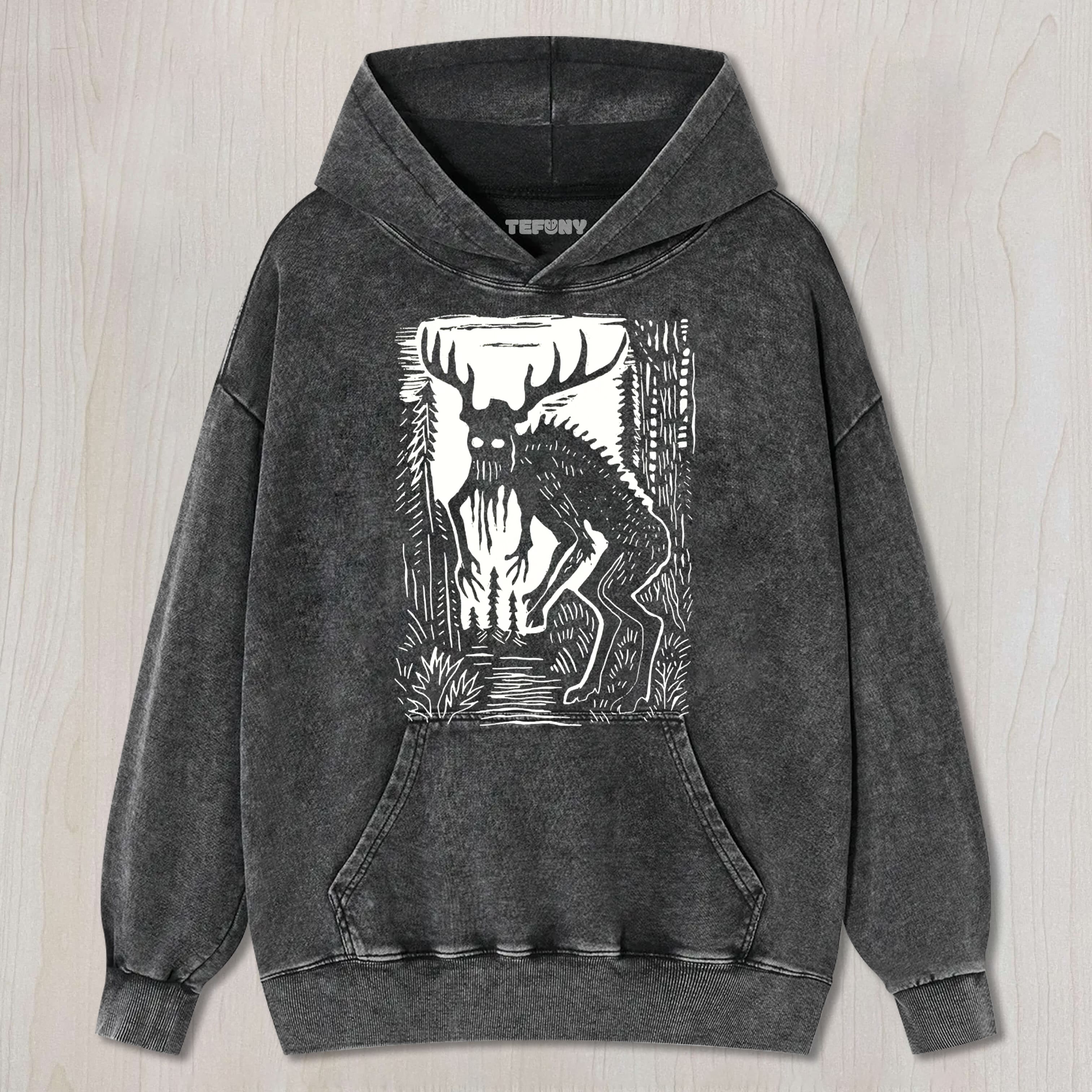 WENDIGO FOREST CRYPTID LINOCUT GRAPHIC VINTAGE WASHED UNISEX TEE, TANK TOP, LAYERED LS, SWEATSHIRT & HOODIE