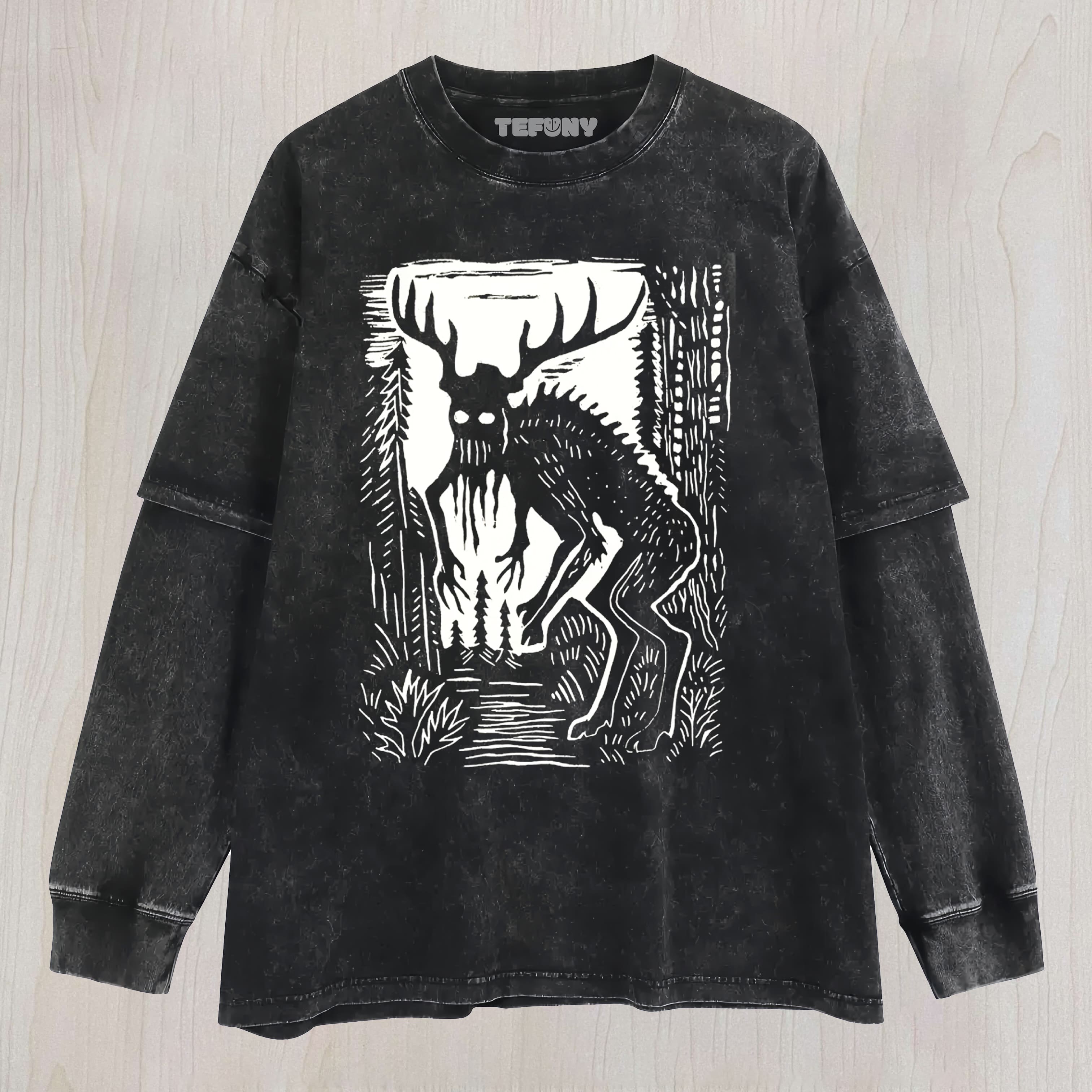 WENDIGO FOREST CRYPTID LINOCUT GRAPHIC VINTAGE WASHED UNISEX TEE, TANK TOP, LAYERED LS, SWEATSHIRT & HOODIE