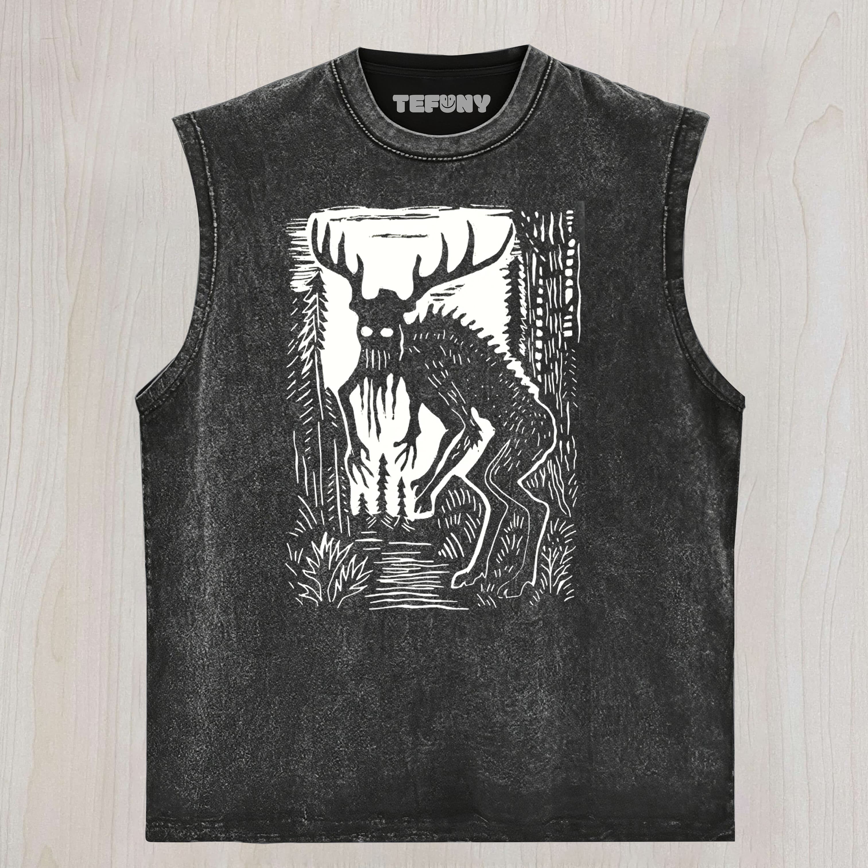 WENDIGO FOREST CRYPTID LINOCUT GRAPHIC VINTAGE WASHED UNISEX TEE, TANK TOP, LAYERED LS, SWEATSHIRT & HOODIE