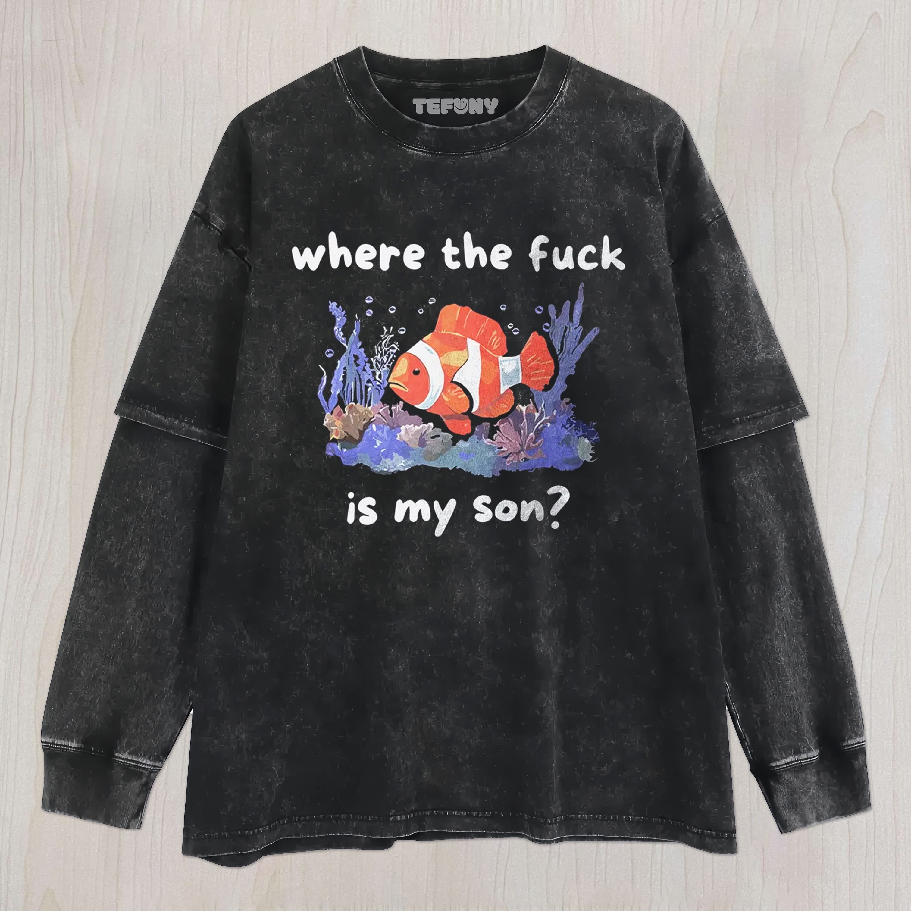 WHERE'S MY SON CARTOON UNISEX TEE, TANK TOP, LAYERED LS, SWEATSHIRT & HOODIE