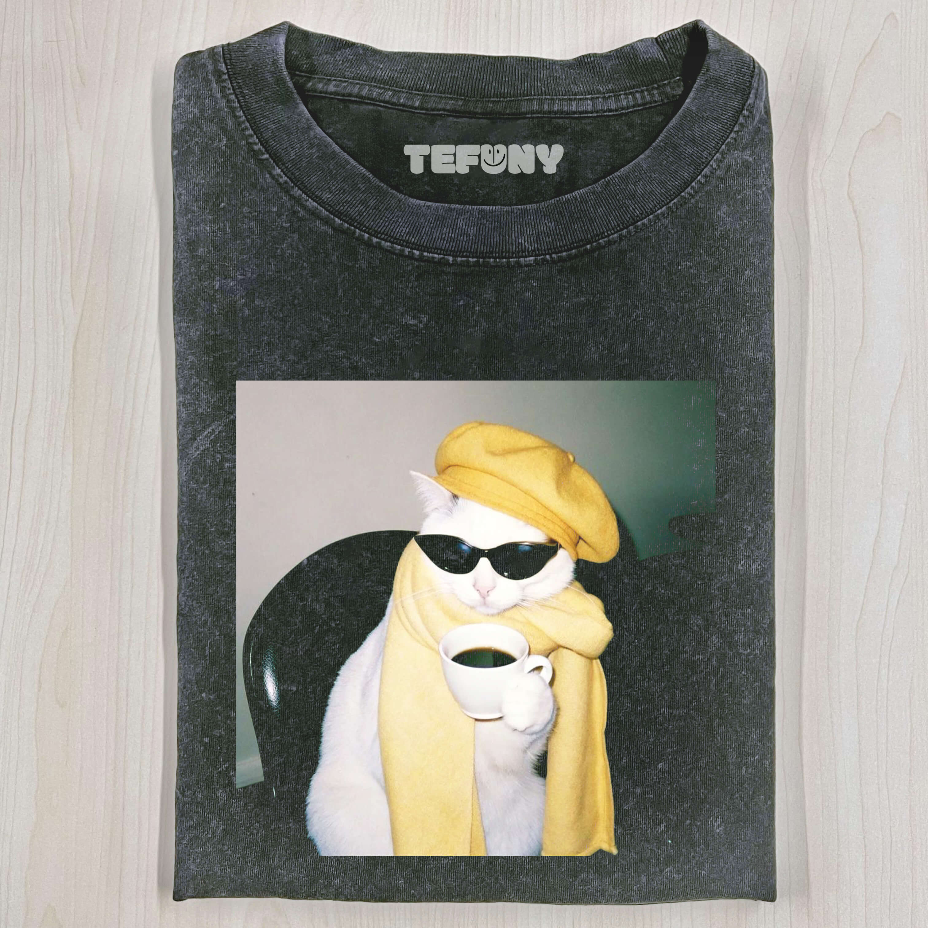 WHITE CAT DRINKING COFFEE T-SHIRT