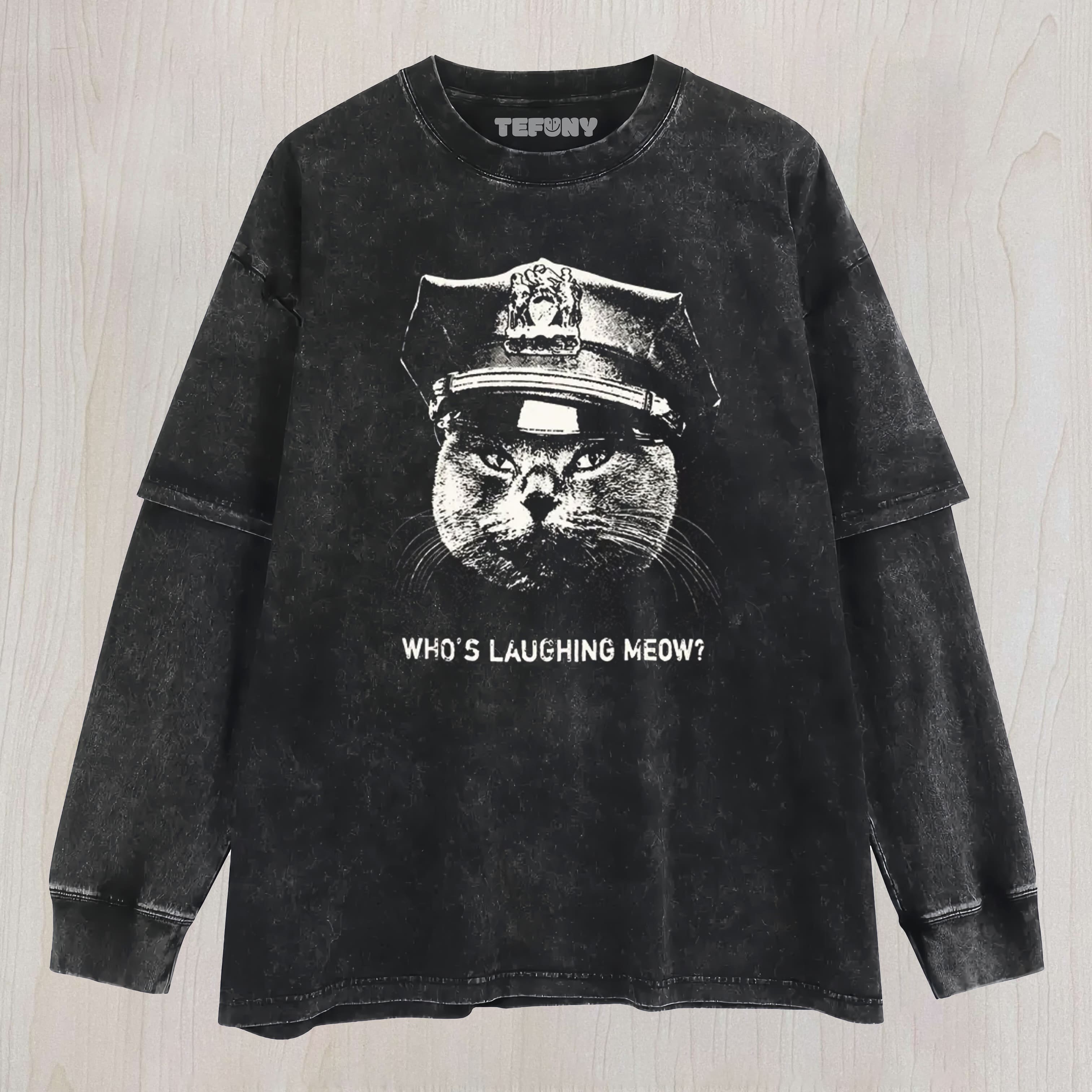 WHO'S LAUGHING MEOW WASHED LAYERED LONG SLEEVE