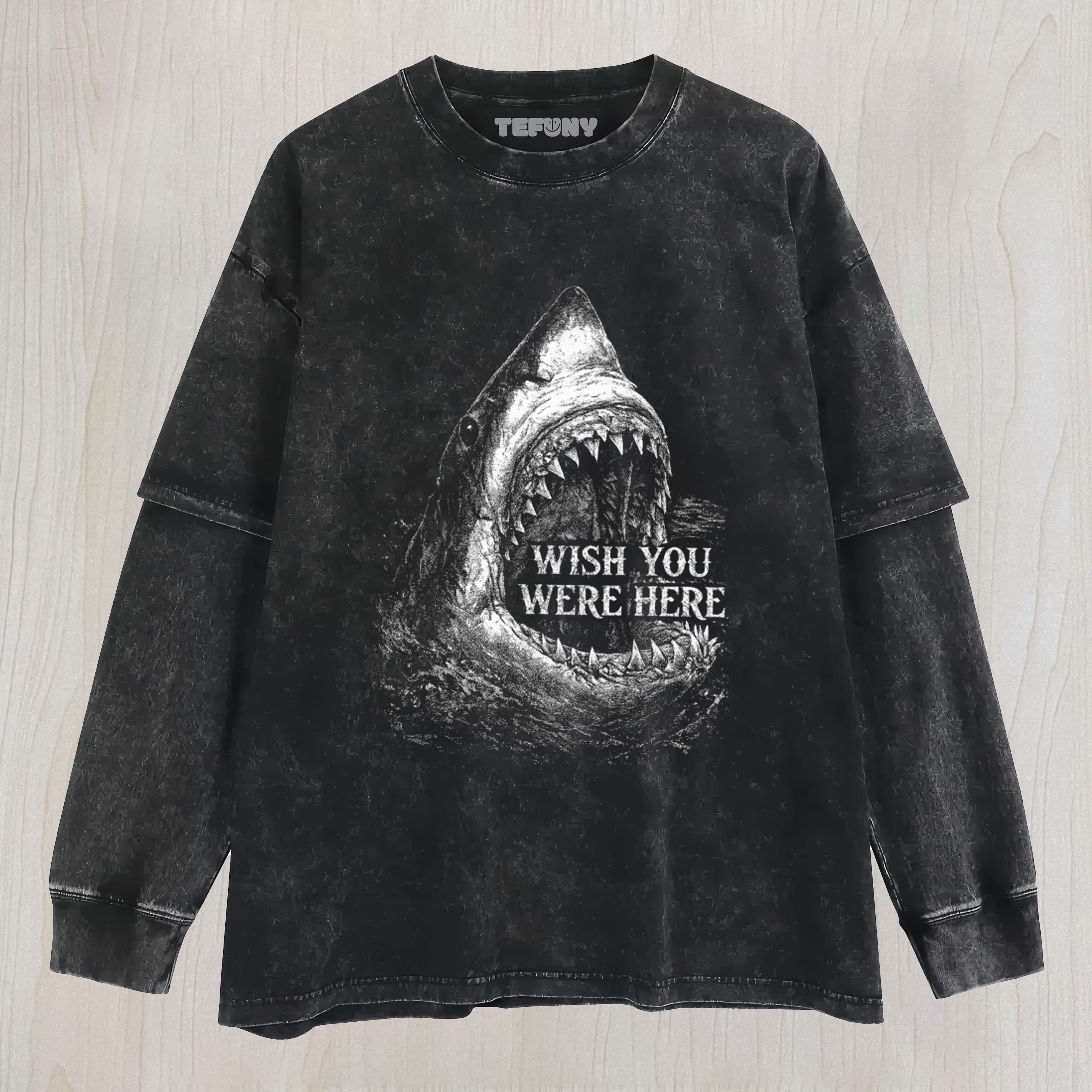 WISH YOU WERE HERE WHITE SHARK DARK UNISEX TEE, TANK TOP, LAYERED LS, SWEATSHIRT & HOODIE