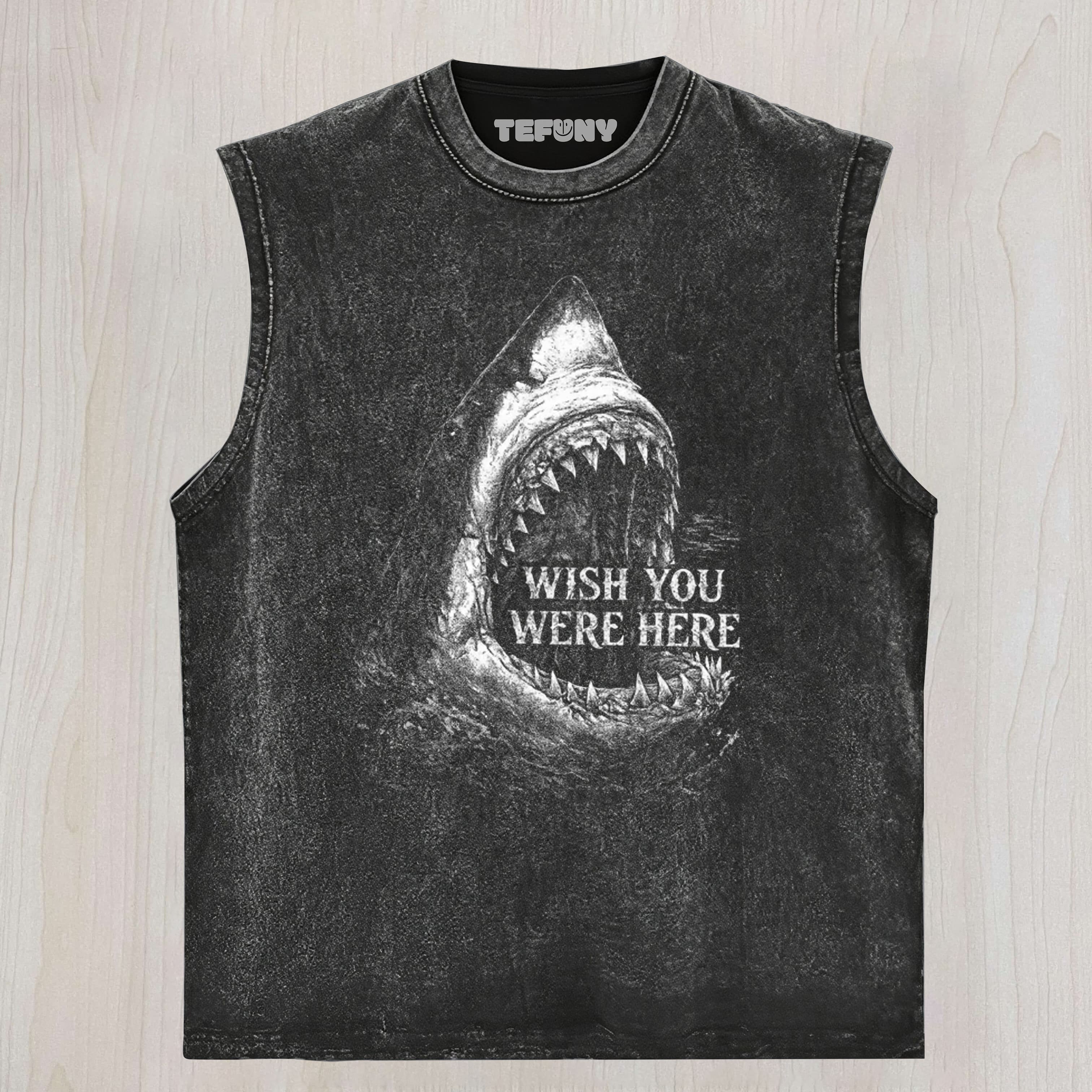 WISH YOU WERE HERE WHITE SHARK DARK UNISEX TEE, TANK TOP, LAYERED LS, SWEATSHIRT & HOODIE