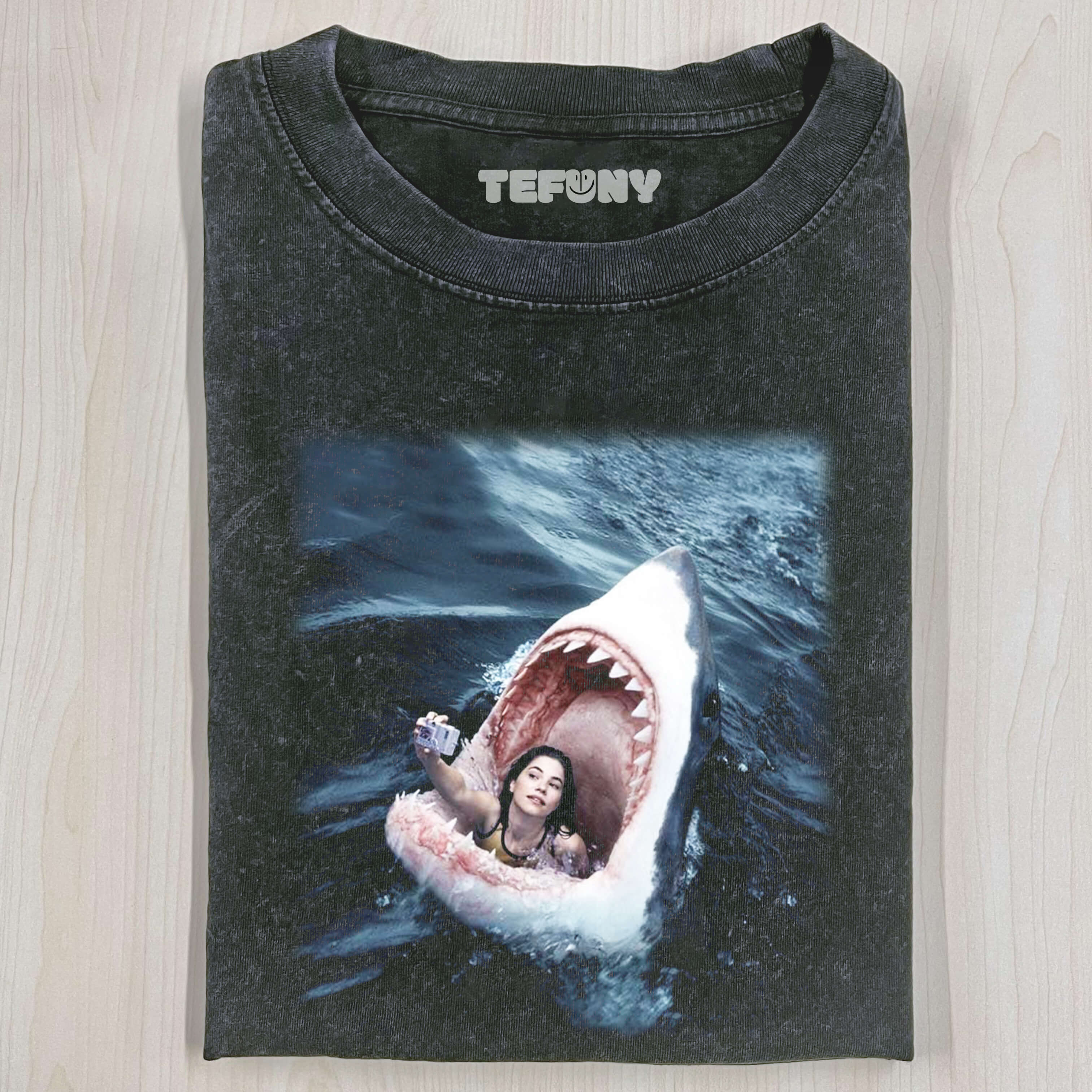 WOMAN IN SHARK'S MOUTH T-SHIRT
