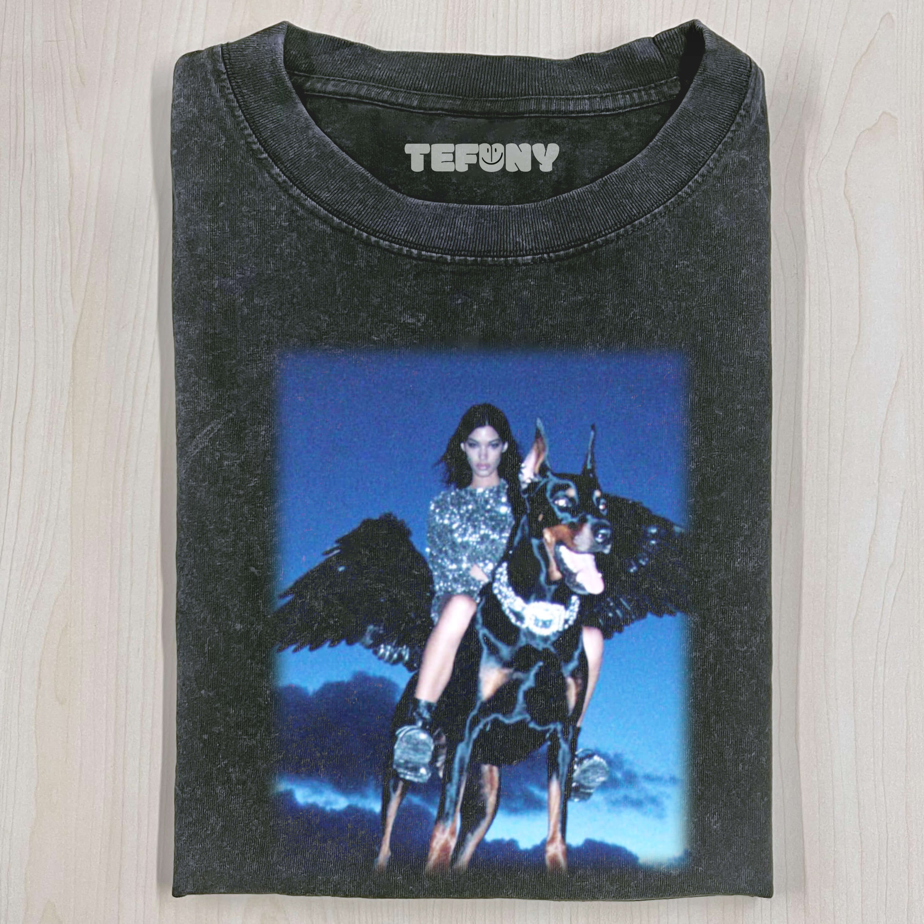 WOMAN SITTING ON A FLYING DOG T-SHIRT