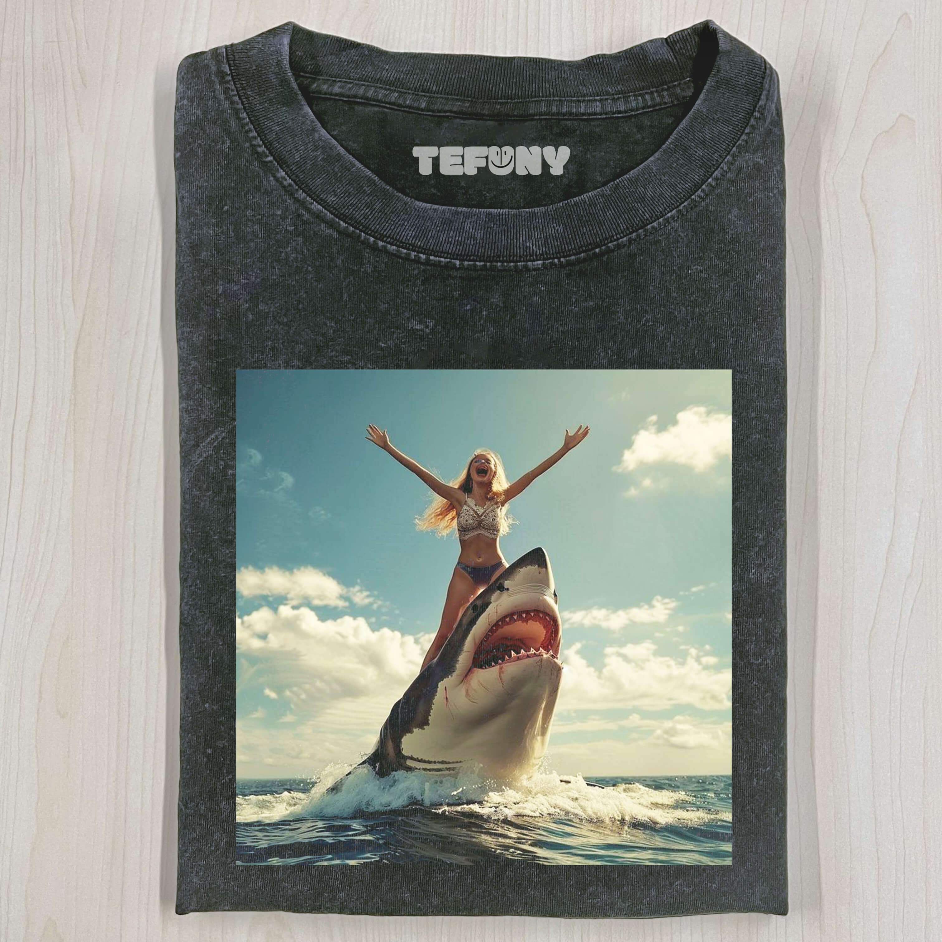 WOMAN STANDING ON SHARK T-SHIRT