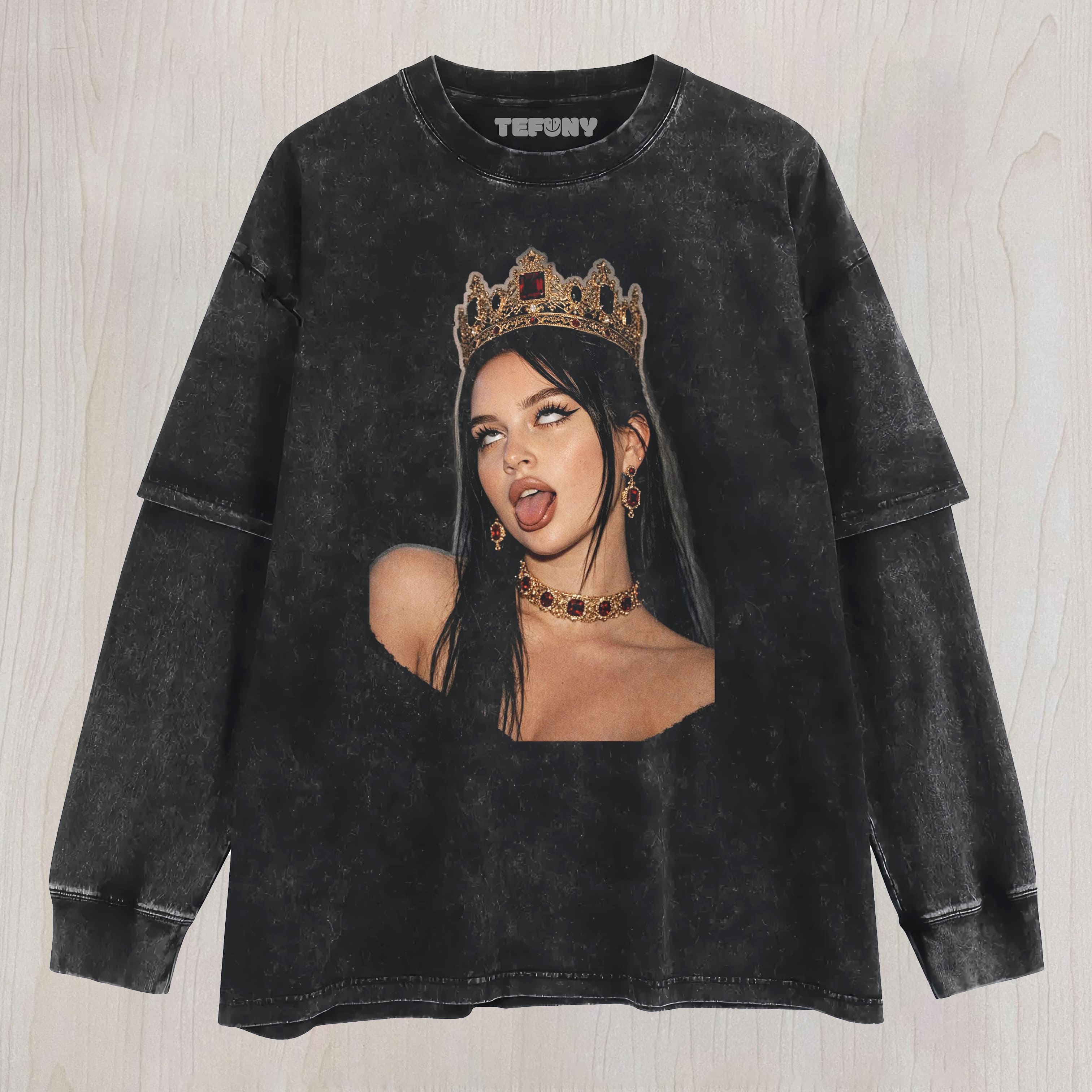 WOMAN STICKING OUT TONGUE LAYERED LONG SLEEVE