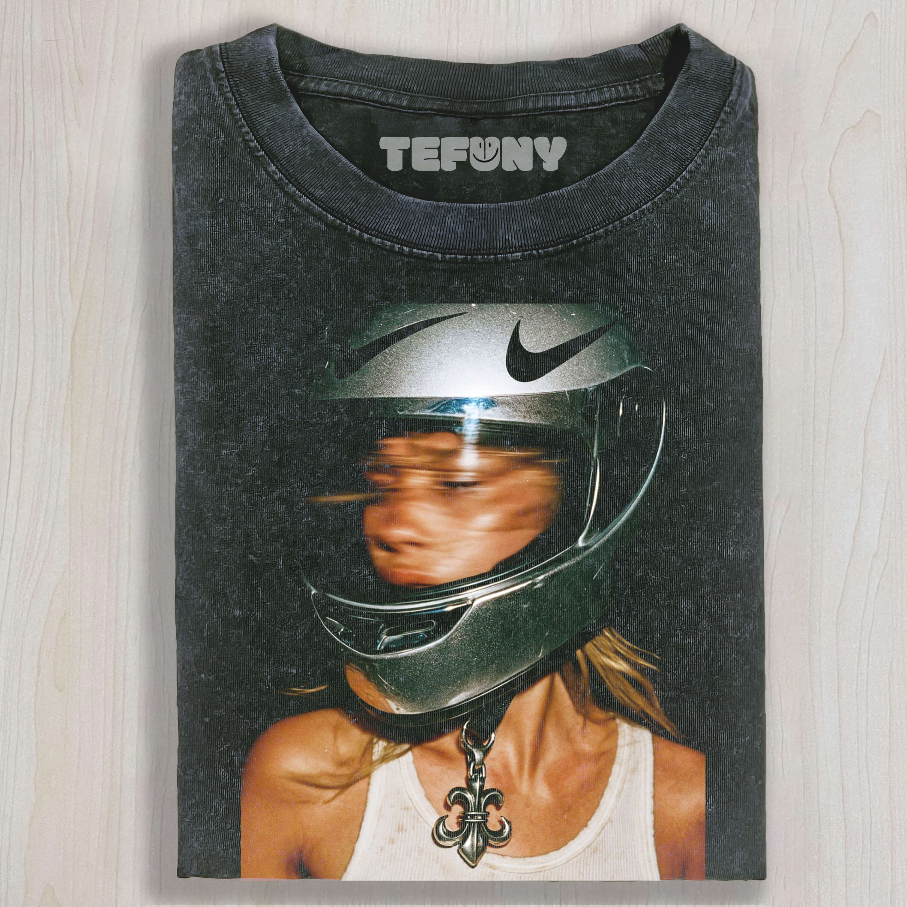 WOMAN WEARING HELMET T-SHIRT