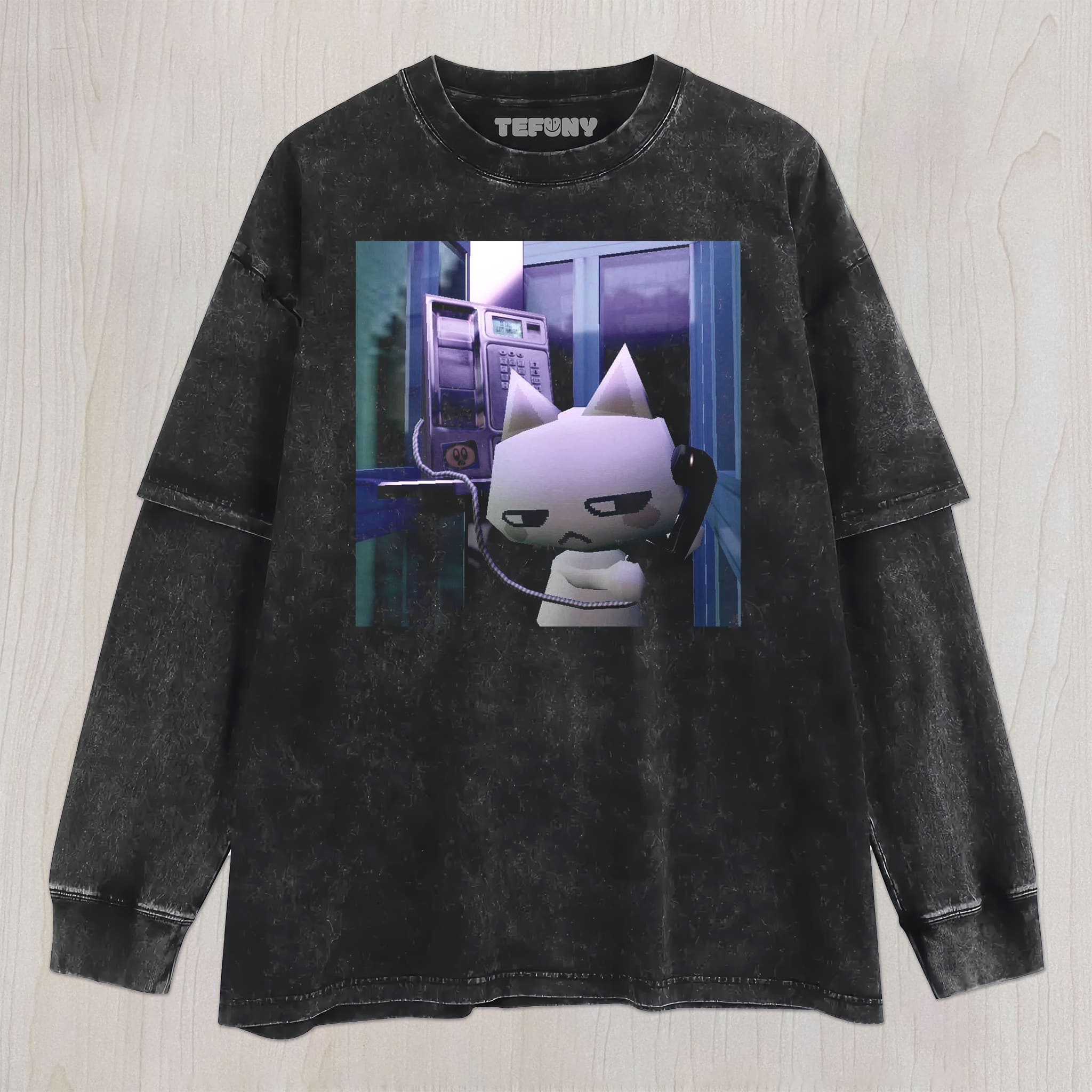 Y2K CAT IS ON THE PHONE UNISEX TEE, TANK TOP, LAYERED LS, SWEATSHIRT & HOODIE